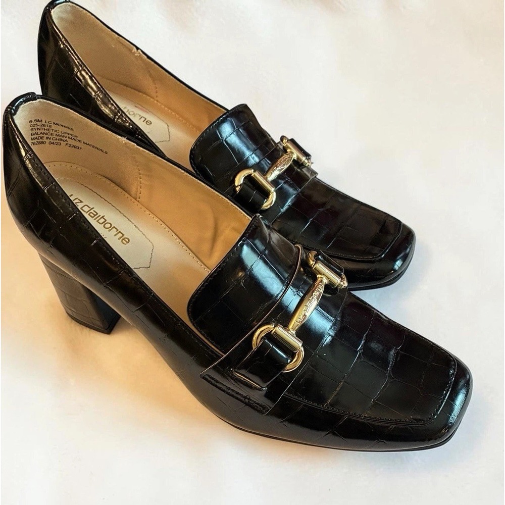 Liz Claiborne Morris Black Faux Croc Loafer Heels Memory Foam Square Toe 6.5